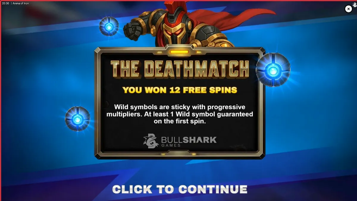 Visual futuristik dari Arena of Iron dengan robot gladiator dan simbol mekanis.