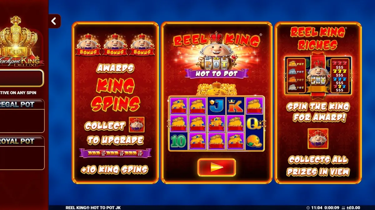 Tampilan visual slot Reel King: Hot to Pot dengan tema kerajaan dan buah klasik